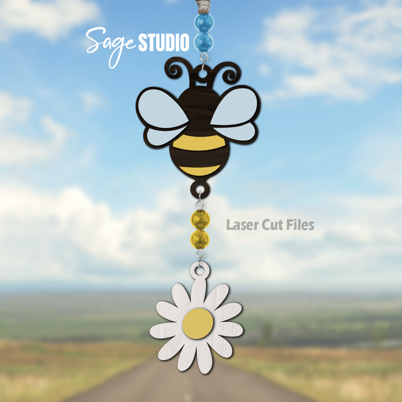 Daisy Bee Car Charm SVG Laser Cut Files Bee SVG Daisy SVG Inspirational SVG Glowforge Files 2 SS.png