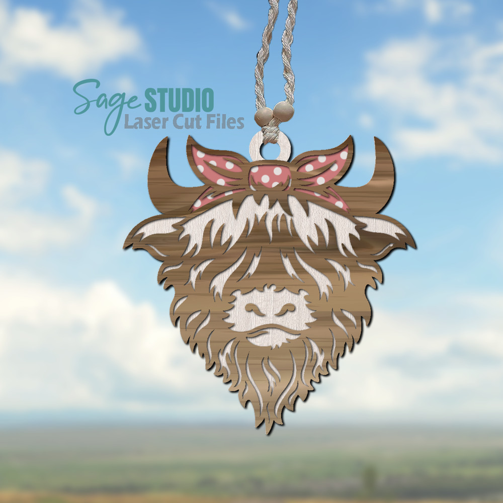 Highland Cow Car Charm SVG Laser Cut Files Bandana Cow SVG Glowforge Files 1 SS.png
