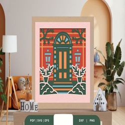 floral front home 3d paper cut svg, shadow box template, paper cutting template, light box svg files, 3d papercut lightb