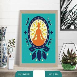 namaste lotus 3d paper cut, shadow box template, paper cutting template, light box svg files, 3d papercut lightbox svg,