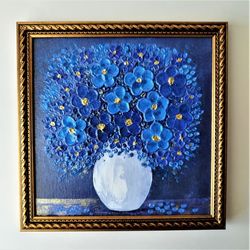 Forget-me-nots Textured Painting: A Bouquet of Blue Flowers in a Vase