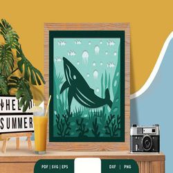 whale underwater 3d shadow box, shadow box template, paper cutting template, light box svg files, 3d papercut lightbox s