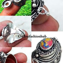 Mosaic Jasper Gemstone Silver Plated 1PC Adjustable Poison Ring, Secret Ring For Gift, Handmade Pill Box Ring Jewelry