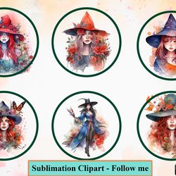 Watercolor witch clipart, Flower faces clipart bundle,Beautiful witch model