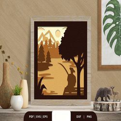 fishing 3d shadow box layered paper cut, shadow box template, paper cutting template, light box svg files, 3d papercut l