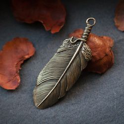 Big Feather pendant on black leather cord. Pagan Bird necklace. Handcrafted jewelry. Stylish present for her