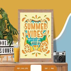 Summer Vibes with Cocktail 3D Paper Cut, Shadow Box Template, Paper Cutting Template, Light Box SVG Files, 3D Papercut L