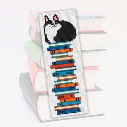 Tuxedo Cat bookmark cross stitch pattern, Bookmark embroidery pattern, Cute Cat cross stitch,  Books cross stitch chart