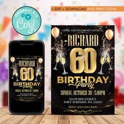 editable 60th birthday invitation, gold and black 60th birthday invitation instant download