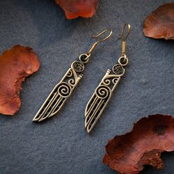 Long Raven earrings. Heavy Bird jewelry in viking style. Crow and protective runes accessory. Pagan Norse jewelry.