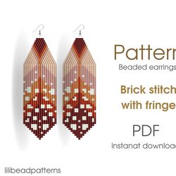 Earring pattern for beading - Brick stitch pattern for beaded fringe earrings - Instant download. Bead weaving. Feather