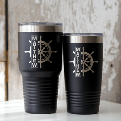 Personalized Boat Tumbler with Steering Wheel Design - Laser Etched Stainless Steel cup