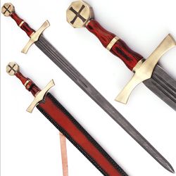 descendant of the holy knights | handmade damascus steel templar sword | 40" crusader replica with brass cross guard, re