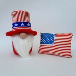 4th of July Gnome Flag Pillow, Patriotic Top Hat Gnome Memorial Day Decor American Gnome, Mini Pillows Tiered Tray