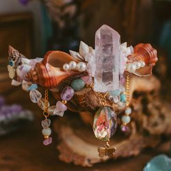 breathe mermaid choker - bohemian festival jewelry with shells and clear quartz crystals, hippie necklace