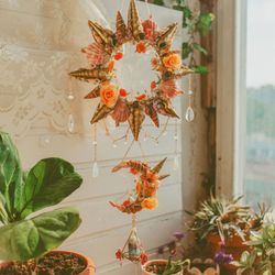 here comes the sun mermaid suncatcher - bohemian wall hanging with shells and crystals, hippie home decor