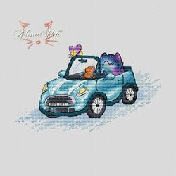 Cosmo-cat in a cabriolet. Cross stitch pattern pdf & css