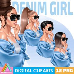 Denim Girl Clipart Set - Fashion Girl Sublimation Design, Planner Stickers PNG
