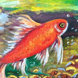 Goldfish Painting Original Art Fish Oil Painting Underwater Original Artwork 5x7in