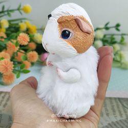 Guinea pig toy made of white fur and polyclay, wonderful travel friend/ It's a tricolor small american teddy Guinea pig