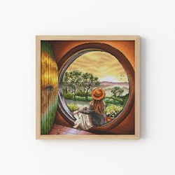 halfling house cross stitch pattern, girl cross stitch, halflings land cross stitch chart, landscape cross stitch, pdf