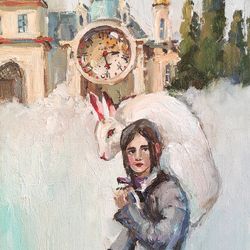 girl with a rabbit on the background of a castle original oil painting on 3d stretched canvas 12x16 inc