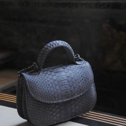 Genuine Python Skin Top Handle Gray Crossbody Bag |  Exotic Leather Bags | Snakeprint Bag | Handmade Designer Bag | Gift
