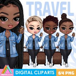 Travel Girl Clipart Bundle With African American Dolls - Vacation Clipart Set