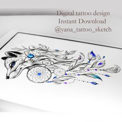 Fox Tattoo Design for Woman Fox Tattoo Sketch for Females Dream Catcher Tattoo Design, Instant download JPG, PDF, PNG