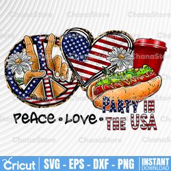 peace love party in the usa png, american flag, hotdog png 4th july png , peace png, sublimation designs downloads