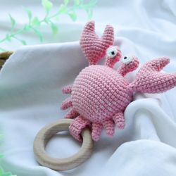 Pink crochet crab baby rattle on wooden ring for newborn gifts