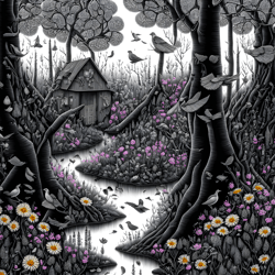 my little cabin in the woods. striking black and gray scene with wildflowers, trees, and birds. extreme details.