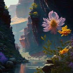 art. canyon, river, flowers.