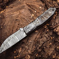 Handmade Damascus Steel Hunting Knife Ram Horn Handle With Leather Sheath ME-06