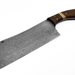 custom handmade damascus steel hunting cleaver knife with sheath, wood handle.
