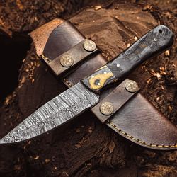Handmade Damascus Steel Hunting Knife Ram Horn Handle With Leather Sheath ME-05
