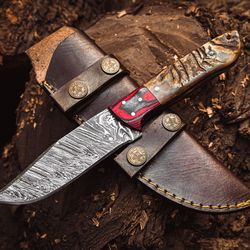 Handmade Damascus Steel Hunting Knife Ram Horn Handle With Leather Sheath ME-08