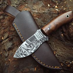Handmade Damascus Steel Hunting Knife Rose Wood Handle With Leather Sheath