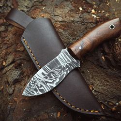 handmade damascus steel hunting knife rose wood handle with leather sheath