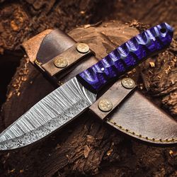 Handmade Damascus Steel Hunting Knife Wood Handle With Leather Sheath