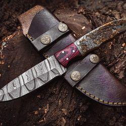 handmade damascus steel hunting knife ram horn handle with leather sheath