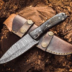 handmade damascus steel hunting knife ram horn handle with leather sheath