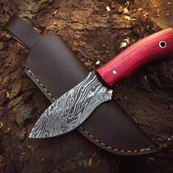 Handmade Damascus Steel Hunting Knife Pakka Wood Handle With Leather Sheath