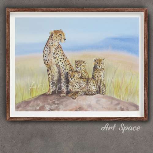 Original watercolor painting **Cheetahs**, decoration for office, animal, dark forest, playroom, dark painting,