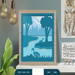 nature lake 3d shadow box paper cut, shadow box template, paper cutting template, light box svg files, 3d papercut light