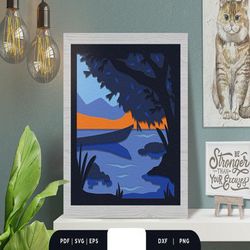 wooden boat on the lake 3d shadowbox svg, shadow box template, paper cutting template, light box svg files, 3d papercut
