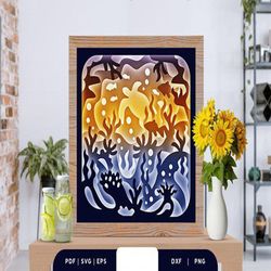 sea coral reef 3d layered paper cut, shadow box template, paper cutting template, light box svg files, 3d papercut light