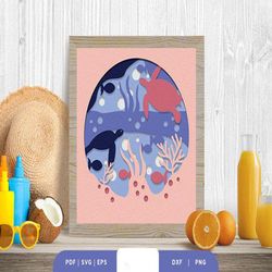 sea animal life 3d shadow box svg, shadow box template, paper cutting template, light box svg files, 3d papercut lightbo