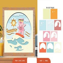 piglet surfing on the beach 3d shadow box, shadow box template, paper cutting template, light box svg files, 3d papercut