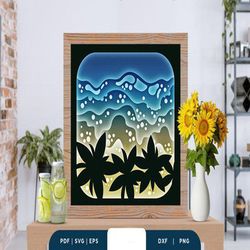 Palm Tree on the Beach Shadow Box SVG, Shadow Box Template, Paper Cutting Template, Light Box SVG Files, 3D Papercut Lig